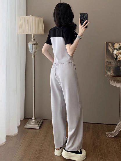 Women's Summer Color-Block Short-Sleeve & Wide-Leg Trouser Set – A Sophisticated, Slimming Two-Piece Outfit Blending Sporty and Commuter Styles for an Elevated Look.