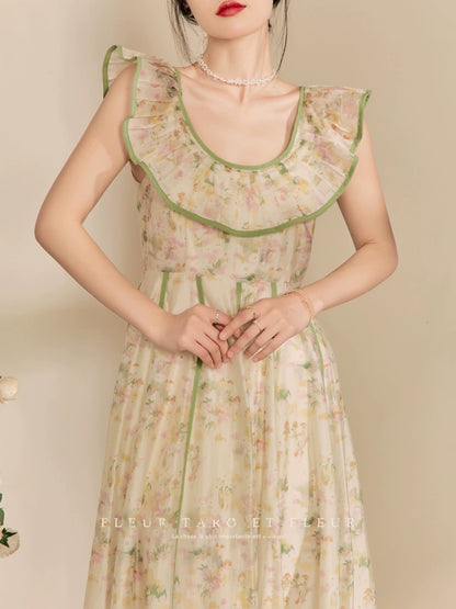 Qiao and Huazun | 2024 new dress French elegant ruffled retro chic waist design long skirt