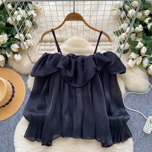 Women's Off-Shoulder Chiffon Blouse, Autumn 2025, French Gentle Style, Ruffled Trim, Loose Fit, Flowing Shirt