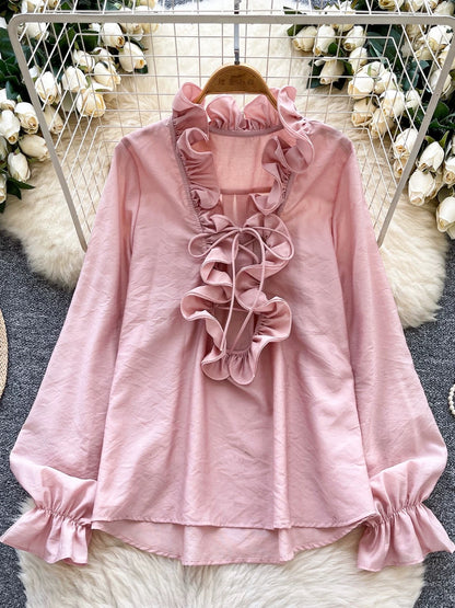 Retro court style lantern sleeve blouse for women, autumn, ruffled trim, loose fit, flattering, unique, beautiful, mature and sophisticated top.