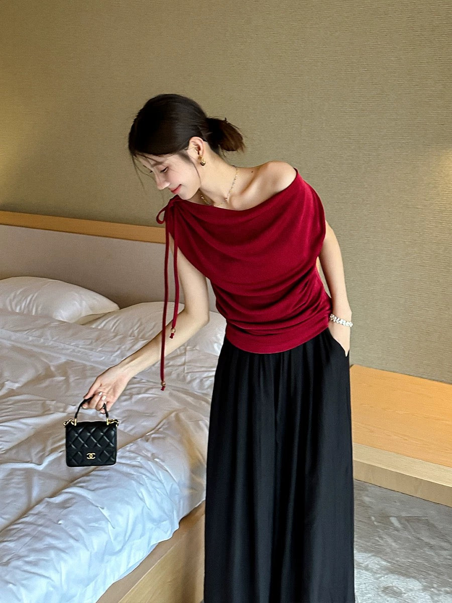 UMINI Swing collar knitted short-sleeved T-shirt for women in summer with small design, pleated and slim shoulder short top