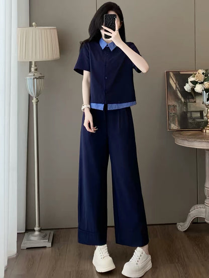 Korean-style trendy sporty two-piece set for women (Summer 2026): chic, slimming, collared short-sleeve top and wide-leg trousers—casual and stylish.