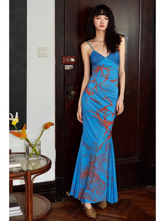 Bad Taste Western New Chinese Print Slim Pleated Long Strap Fishtail Dress Ready for Sale