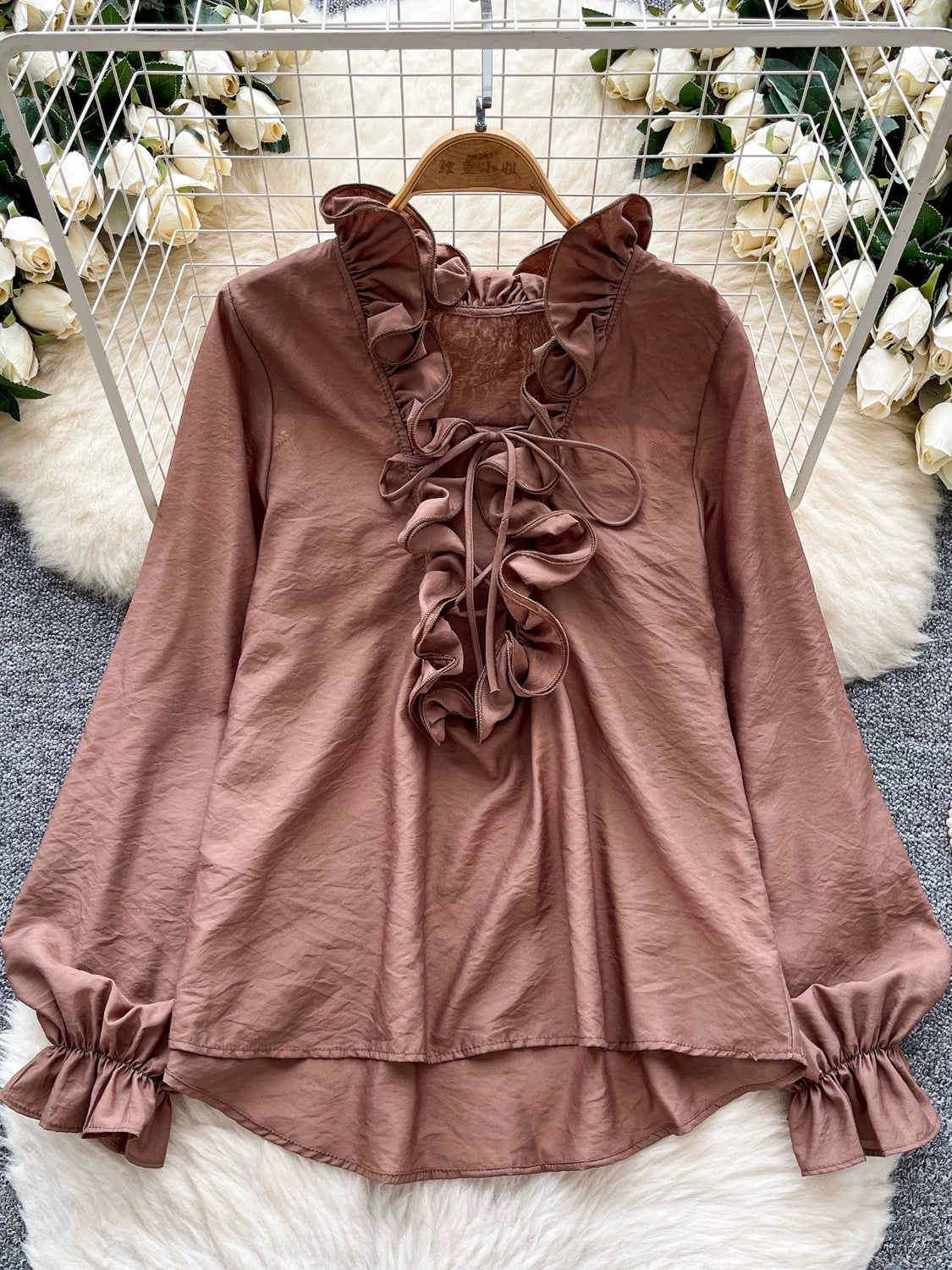 Retro court style lantern sleeve blouse for women, autumn, ruffled trim, loose fit, flattering, unique, beautiful, mature and sophisticated top.
