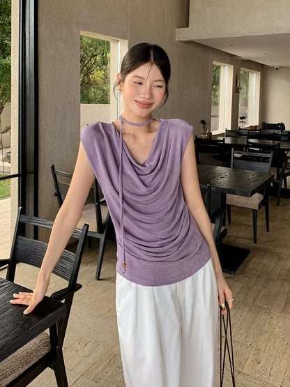 UMINI Swing collar knitted short-sleeved T-shirt for women in summer with small design, pleated and slim shoulder short top