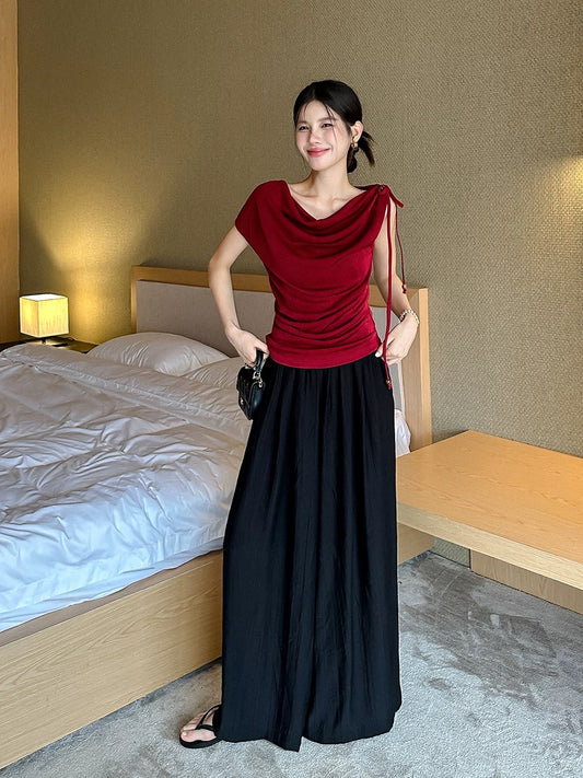 UMINI Swing collar knitted short-sleeved T-shirt for women in summer with small design, pleated and slim shoulder short top