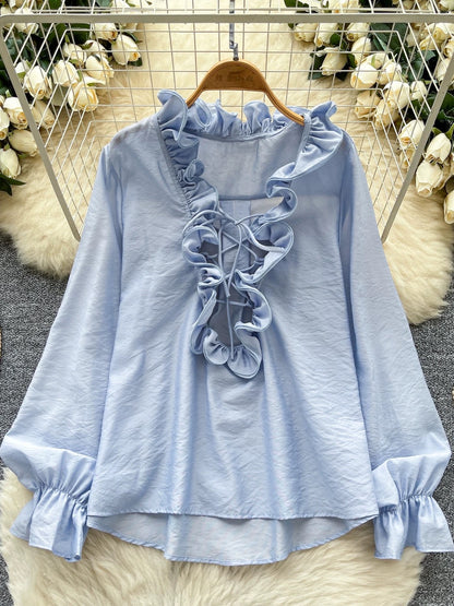 Retro court style lantern sleeve blouse for women, autumn, ruffled trim, loose fit, flattering, unique, beautiful, mature and sophisticated top.
