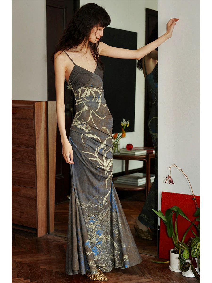 Bad Taste Western New Chinese Print Slim Pleated Long Strap Fishtail Dress Ready for Sale
