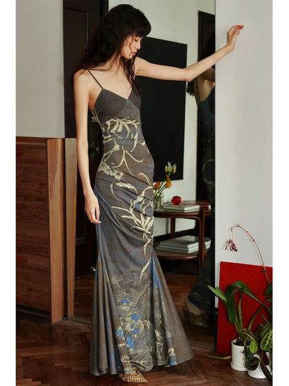 Bad Taste Western New Chinese Print Slim Pleated Long Strap Fishtail Dress Ready for Sale