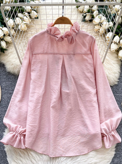 Retro court style lantern sleeve blouse for women, autumn, ruffled trim, loose fit, flattering, unique, beautiful, mature and sophisticated top.