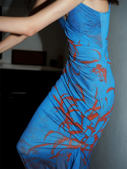 Bad Taste Western New Chinese Print Slim Pleated Long Strap Fishtail Dress Ready for Sale