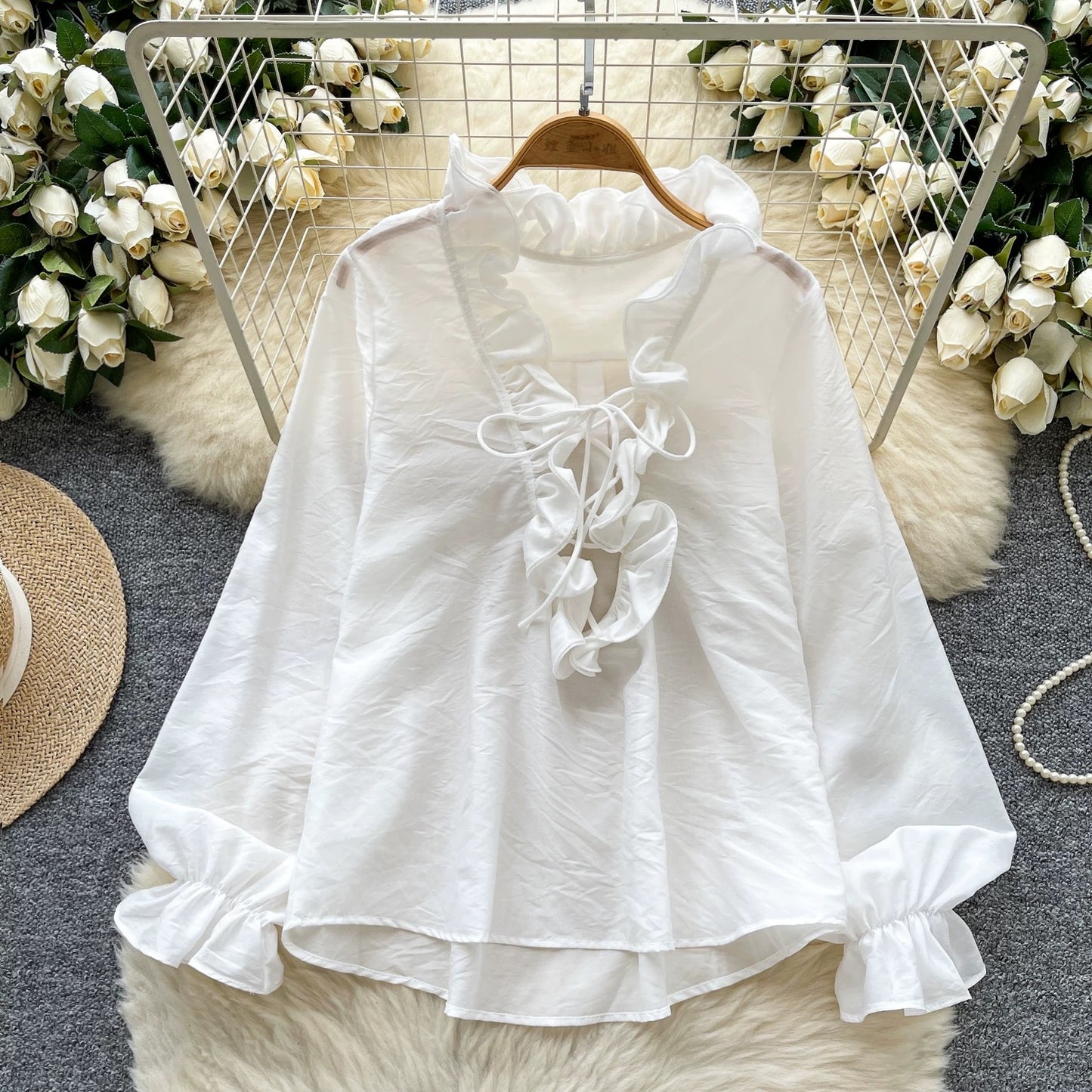 Retro court style lantern sleeve blouse for women, autumn, ruffled trim, loose fit, flattering, unique, beautiful, mature and sophisticated top.