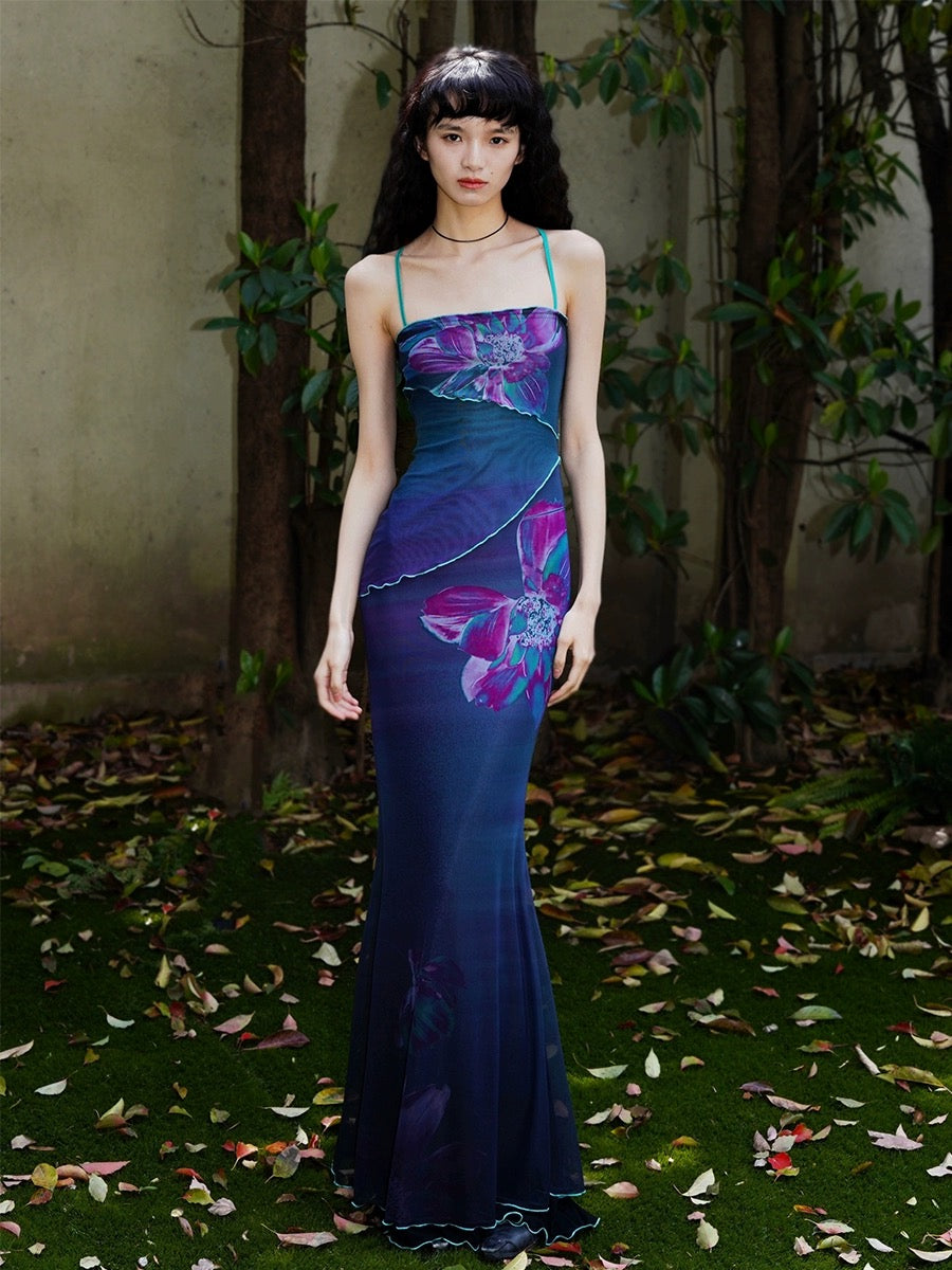 Bad Taste Western New Chinese Print Design Retro Slim Mesh Long Dress
