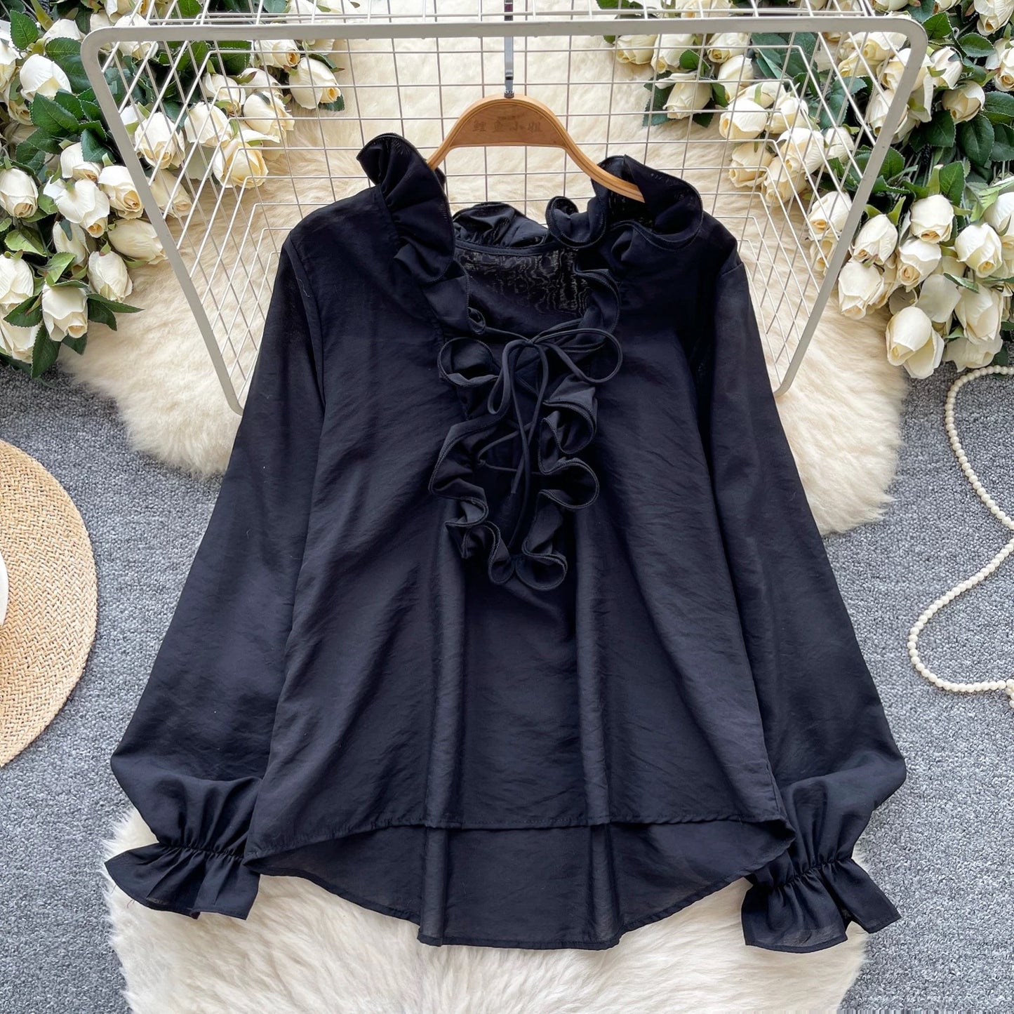 Retro court style lantern sleeve blouse for women, autumn, ruffled trim, loose fit, flattering, unique, beautiful, mature and sophisticated top.