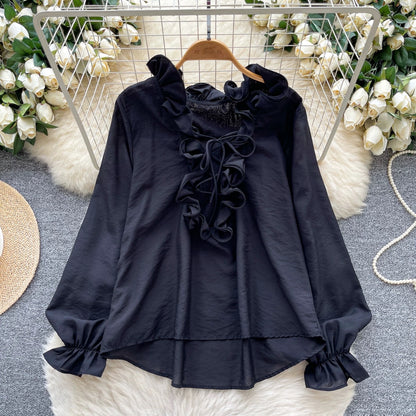 Retro court style lantern sleeve blouse for women, autumn, ruffled trim, loose fit, flattering, unique, beautiful, mature and sophisticated top.