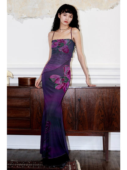 Bad Taste Western New Chinese Print Design Retro Slim Mesh Long Dress