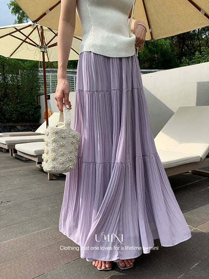 UMINI fairy purple skirt large skirt chiffon long skirt loose versatile elastic waist drape A-line cake skirt