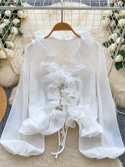 French-style gentle and elegant V-neck tie-up ruffle patchwork long-sleeved chiffon blouse for women, a chic and unique autumn top.