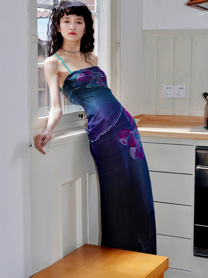 Bad Taste Western New Chinese Print Design Retro Slim Mesh Long Dress
