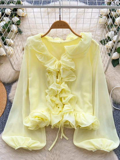 French-style gentle and elegant V-neck tie-up ruffle patchwork long-sleeved chiffon blouse for women, a chic and unique autumn top.