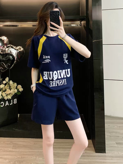 Women's Summer 2026 Letter-Print Matching Set: Trendy, Loose-Fit Short-Sleeve Top & Shorts – Casual, Stylish, and Youthful.