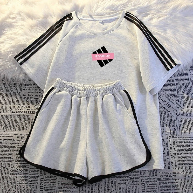 Casual sportswear suit for women summer thin fashion loose student running three-stripe short-sleeved shorts two-piece set