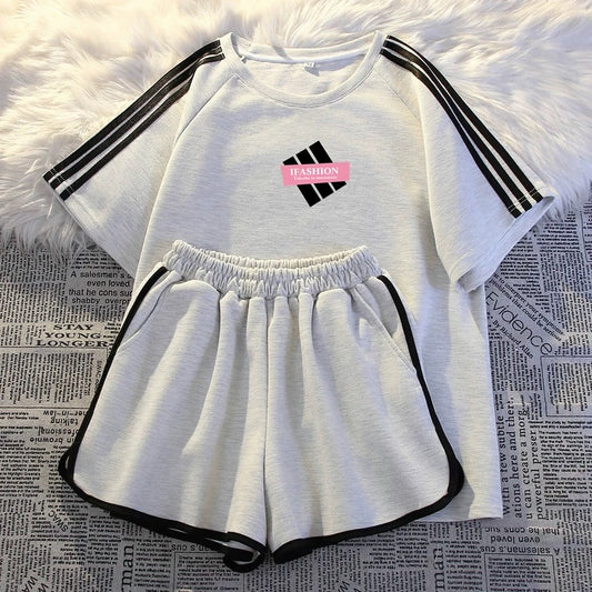 Casual sportswear suit for women summer thin fashion loose student running three-stripe short-sleeved shorts two-piece set