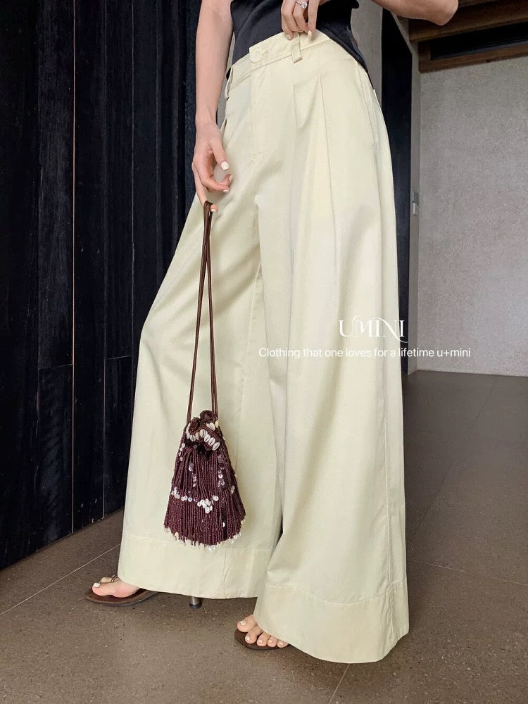2025 summer new Korean style design high waist casual loose wide leg pants French style age-reducing slim all-match trousers
