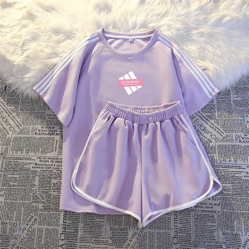 Casual sportswear suit for women summer thin fashion loose student running three-stripe short-sleeved shorts two-piece set