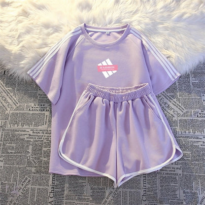 Casual sportswear suit for women summer thin fashion loose student running three-stripe short-sleeved shorts two-piece set