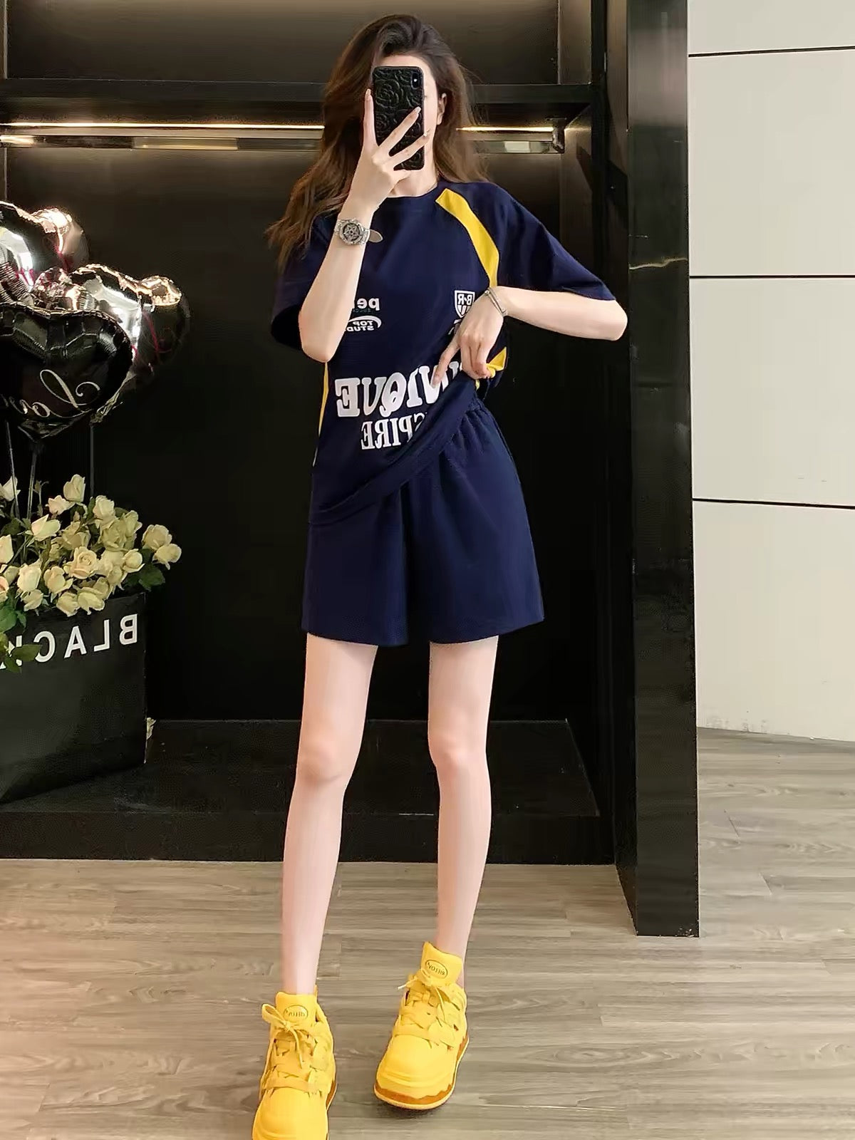 Women's Summer 2026 Letter-Print Matching Set: Trendy, Loose-Fit Short-Sleeve Top & Shorts – Casual, Stylish, and Youthful.