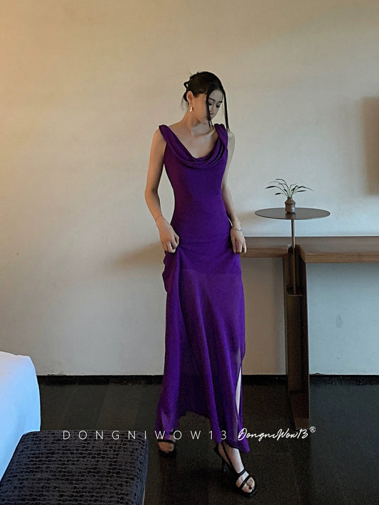 DONGNIWOW13 purple backless suspender dress for women 2024 summer waist slimming dress dress long skirt