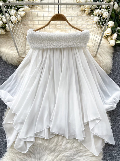 Elegant Fairy-like Top, 2024 Autumn French Style Off-Shoulder Lantern Sleeve Loose and Versatile Irregular Chiffon Blouse
