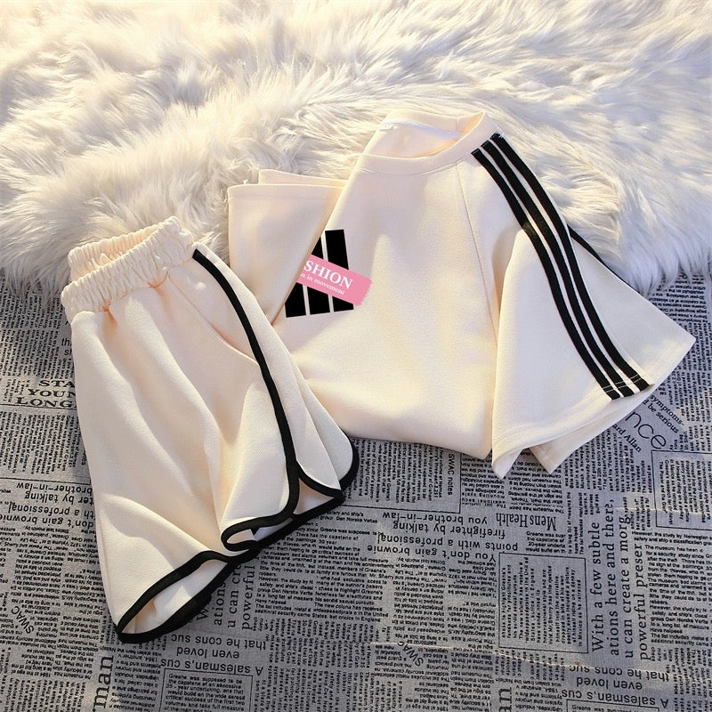 Casual sportswear suit for women summer thin fashion loose student running three-stripe short-sleeved shorts two-piece set
