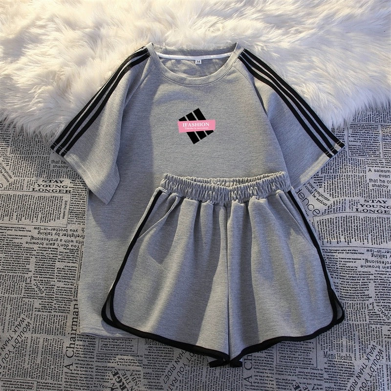 Casual sportswear suit for women summer thin fashion loose student running three-stripe short-sleeved shorts two-piece set