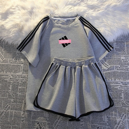 Casual sportswear suit for women summer thin fashion loose student running three-stripe short-sleeved shorts two-piece set