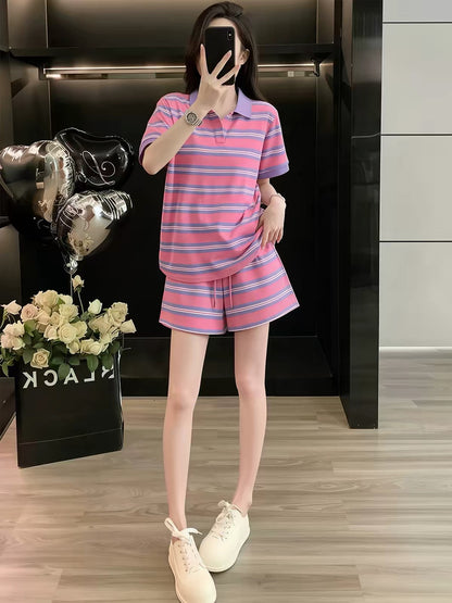 Stylish Striped Casual Summer Two-Piece Set for Women (2026): Collared Short-Sleeve Top & Shorts – Loose, Trendy, and Slimming Fit