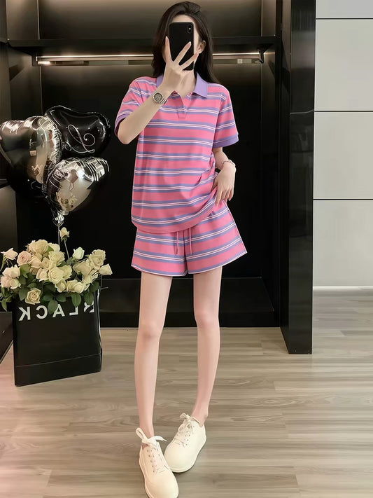 Stylish Striped Casual Summer Two-Piece Set for Women (2026): Collared Short-Sleeve Top & Shorts – Loose, Trendy, and Slimming Fit