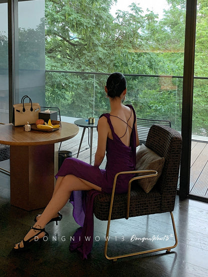 DONGNIWOW13 purple backless suspender dress for women 2024 summer waist slimming dress dress long skirt