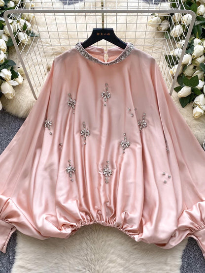 European and American style heavy-duty rhinestone-embellished round neck lantern sleeve satin shirt for women, autumn fashion loose waist slimming top