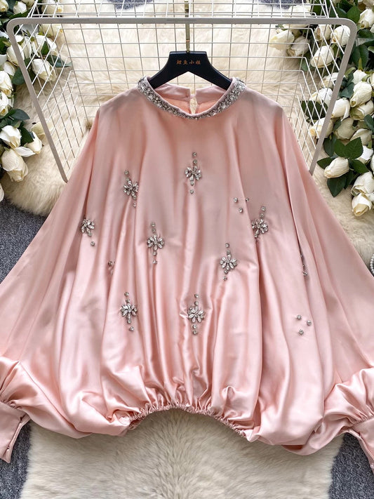European and American style heavy-duty rhinestone-embellished round neck lantern sleeve satin shirt for women, autumn fashion loose waist slimming top