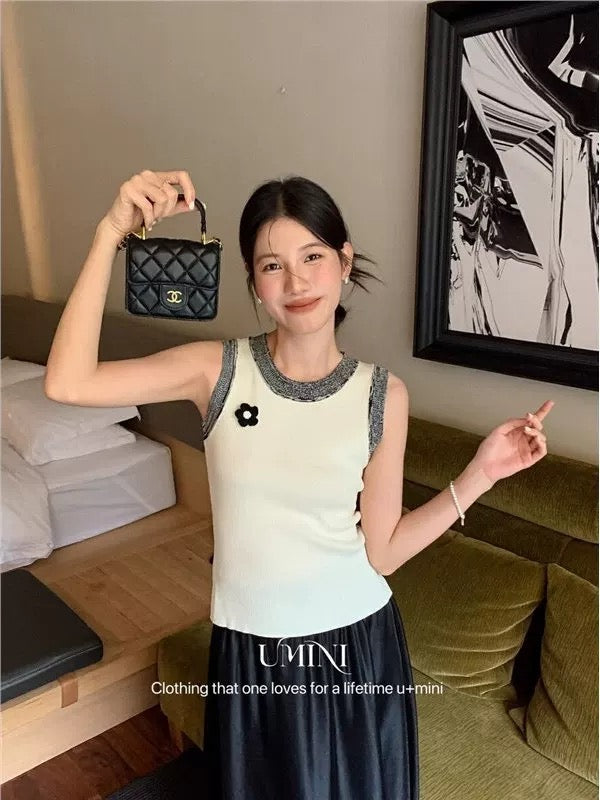 New summer French style style contrast color stitching hook flower three-dimensional flower slim fit versatile fashion knitted vest