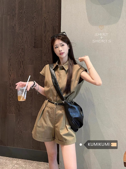 Retro Hong Kong style loose shirt women's summer brown suit niche high-waisted casual wide-leg shorts fashion two-piece set