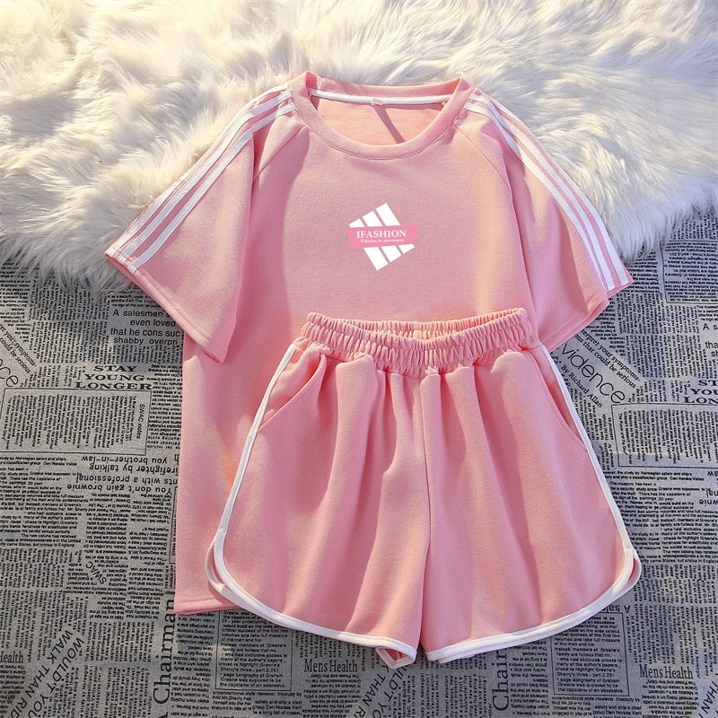 Casual sportswear suit for women summer thin fashion loose student running three-stripe short-sleeved shorts two-piece set