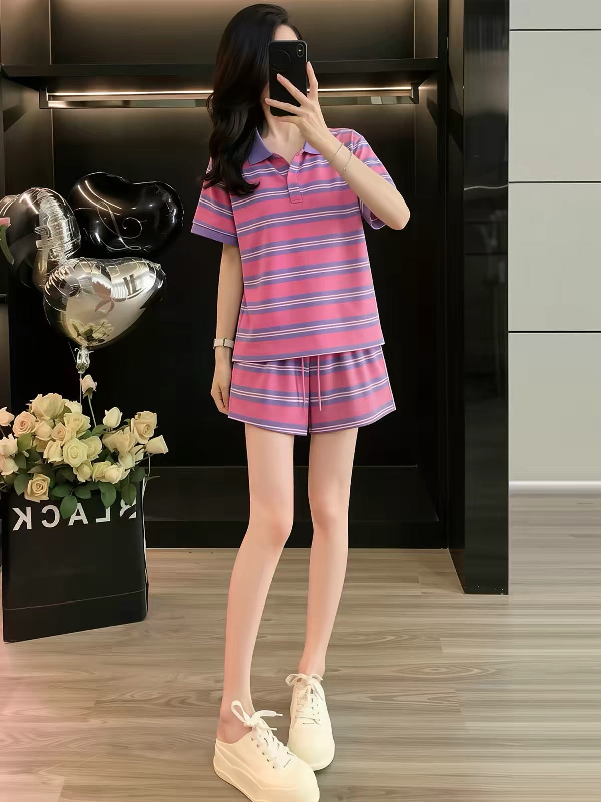 Stylish Striped Casual Summer Two-Piece Set for Women (2026): Collared Short-Sleeve Top & Shorts – Loose, Trendy, and Slimming Fit