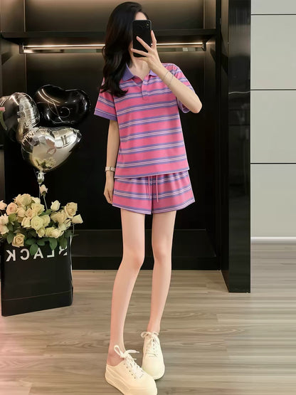 Stylish Striped Casual Summer Two-Piece Set for Women (2026): Collared Short-Sleeve Top & Shorts – Loose, Trendy, and Slimming Fit