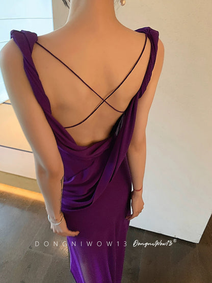 DONGNIWOW13 purple backless suspender dress for women 2024 summer waist slimming dress dress long skirt