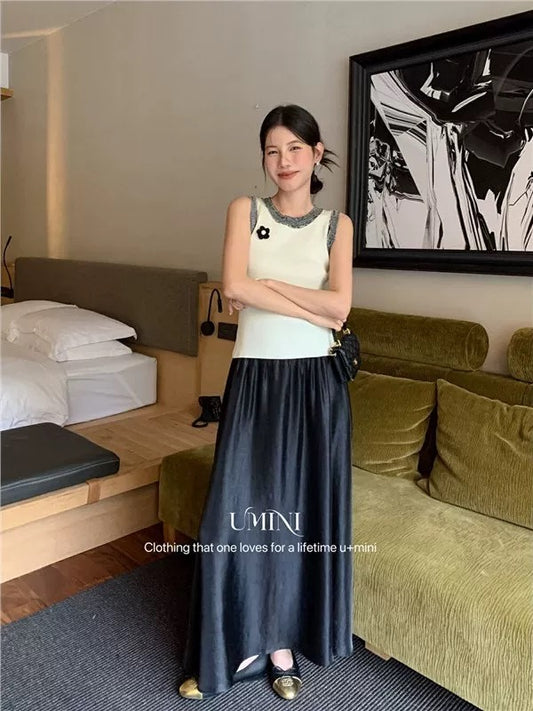 New summer French style style contrast color stitching hook flower three-dimensional flower slim fit versatile fashion knitted vest