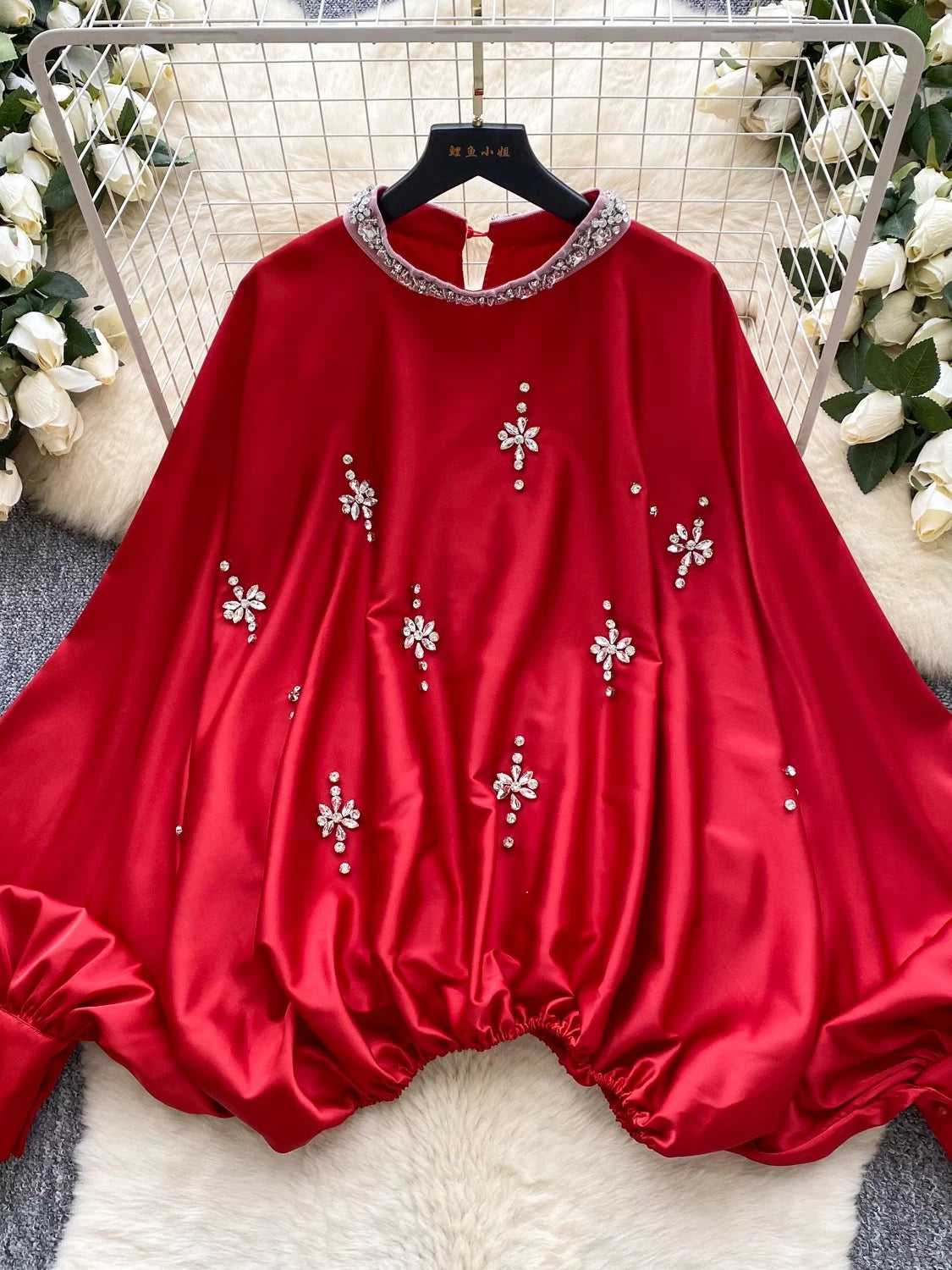 European and American style heavy-duty rhinestone-embellished round neck lantern sleeve satin shirt for women, autumn fashion loose waist slimming top