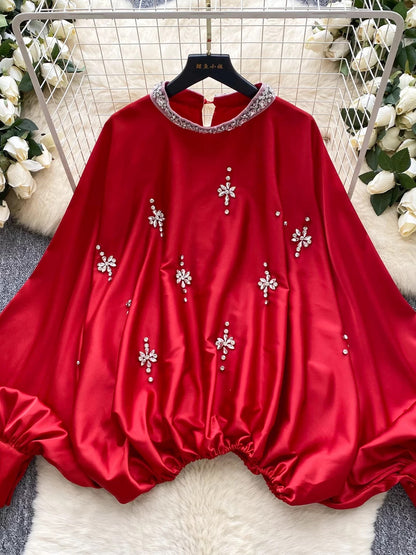 European and American style heavy-duty rhinestone-embellished round neck lantern sleeve satin shirt for women, autumn fashion loose waist slimming top